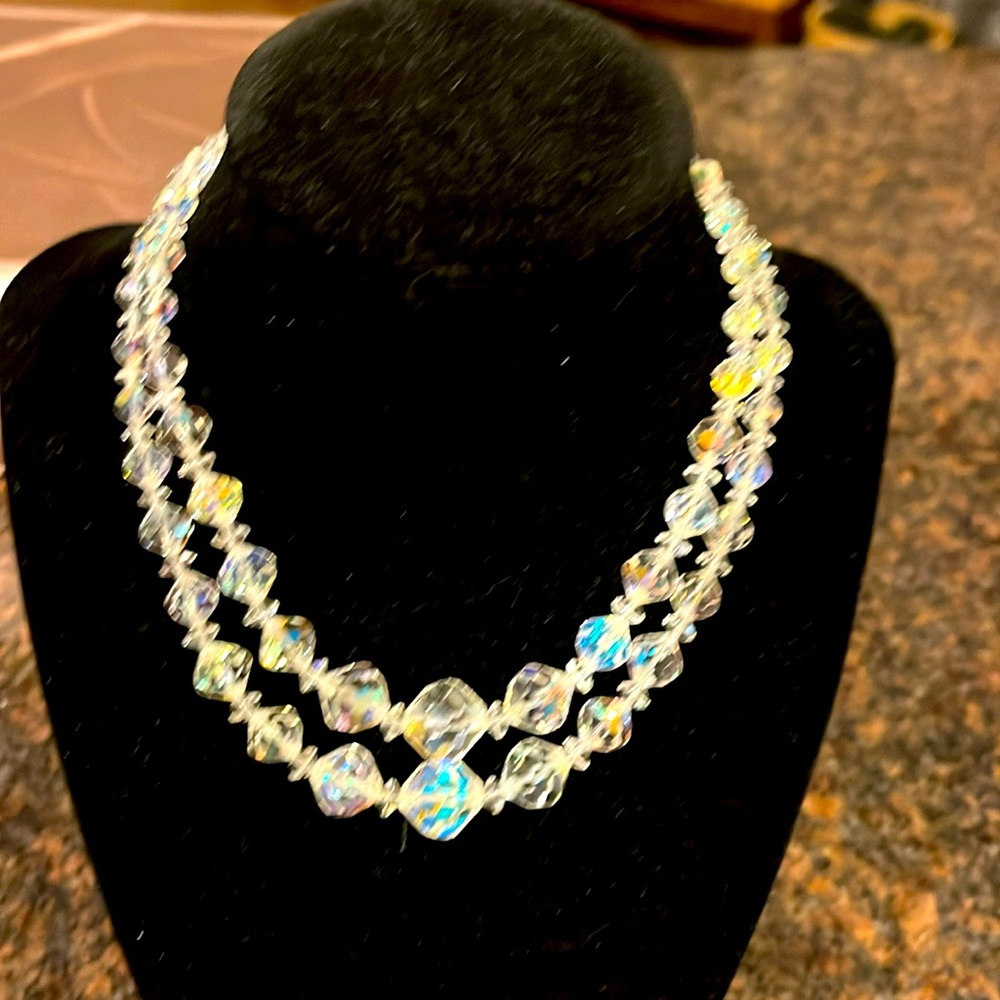 Austrian crystal art deco style 12 to 14 inches when hooked on the first clasp